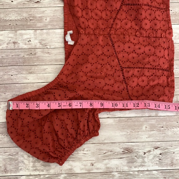 Lucky Brand Red Eyelet Button Front Peasant Puff Sleeve Shirt Tandori Spice - Picture 11 of 12